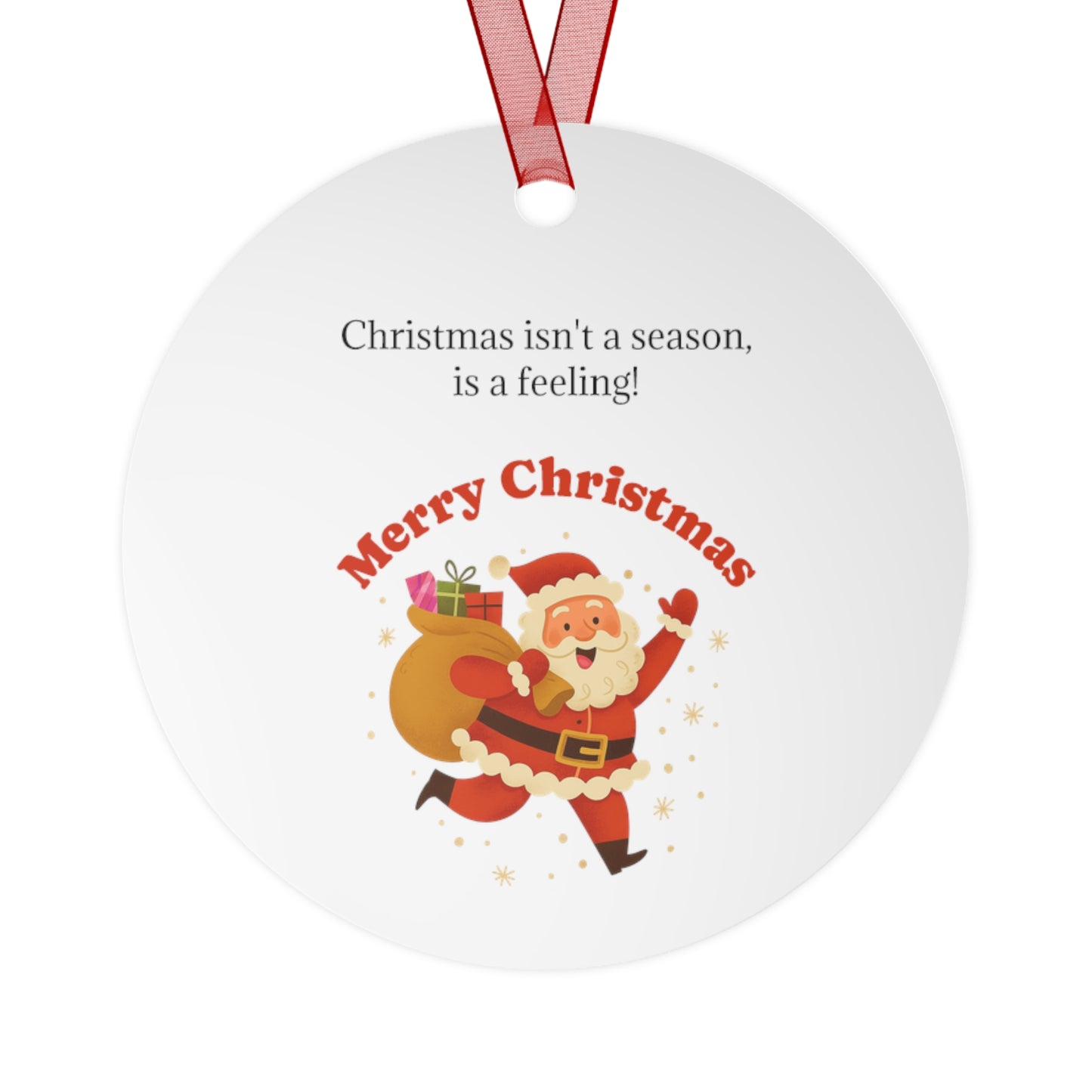 Bell-shaped Merry Christmas Santa with Sack metal ornament from Printify, featuring festive holiday decoration with Santa figure and sack.