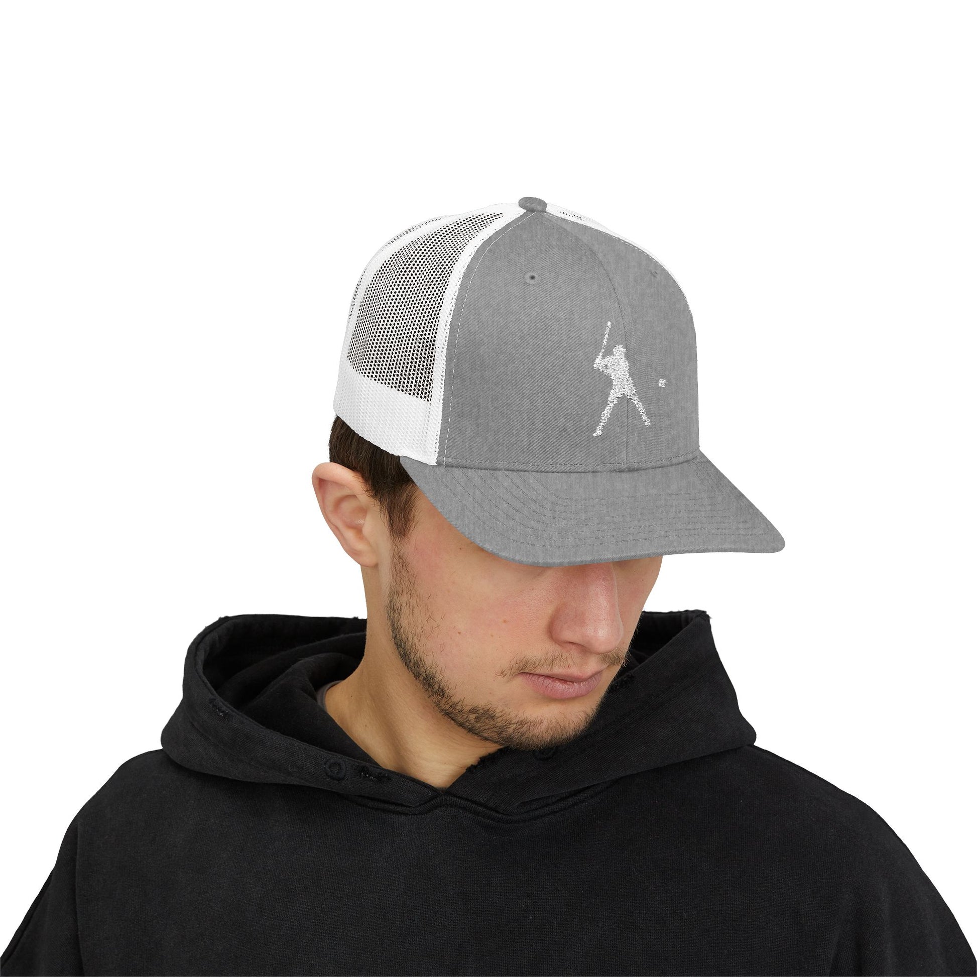 Vintage baseball snapback trucker cap with batter silhouette print, stylish unisex hat by Printify featuring mesh back and adjustable fit.