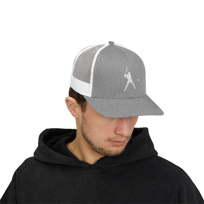 Vintage baseball snapback trucker cap with batter silhouette print, stylish unisex hat by Printify featuring mesh back and adjustable fit.