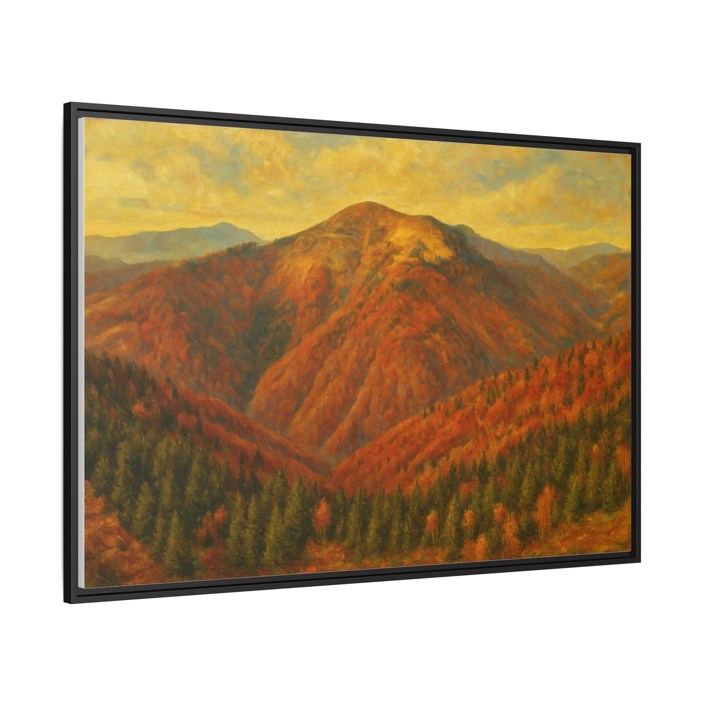 Autumn mountain matte canvas framed wall art by Printify featuring a scenic mountain landscape in warm tones.