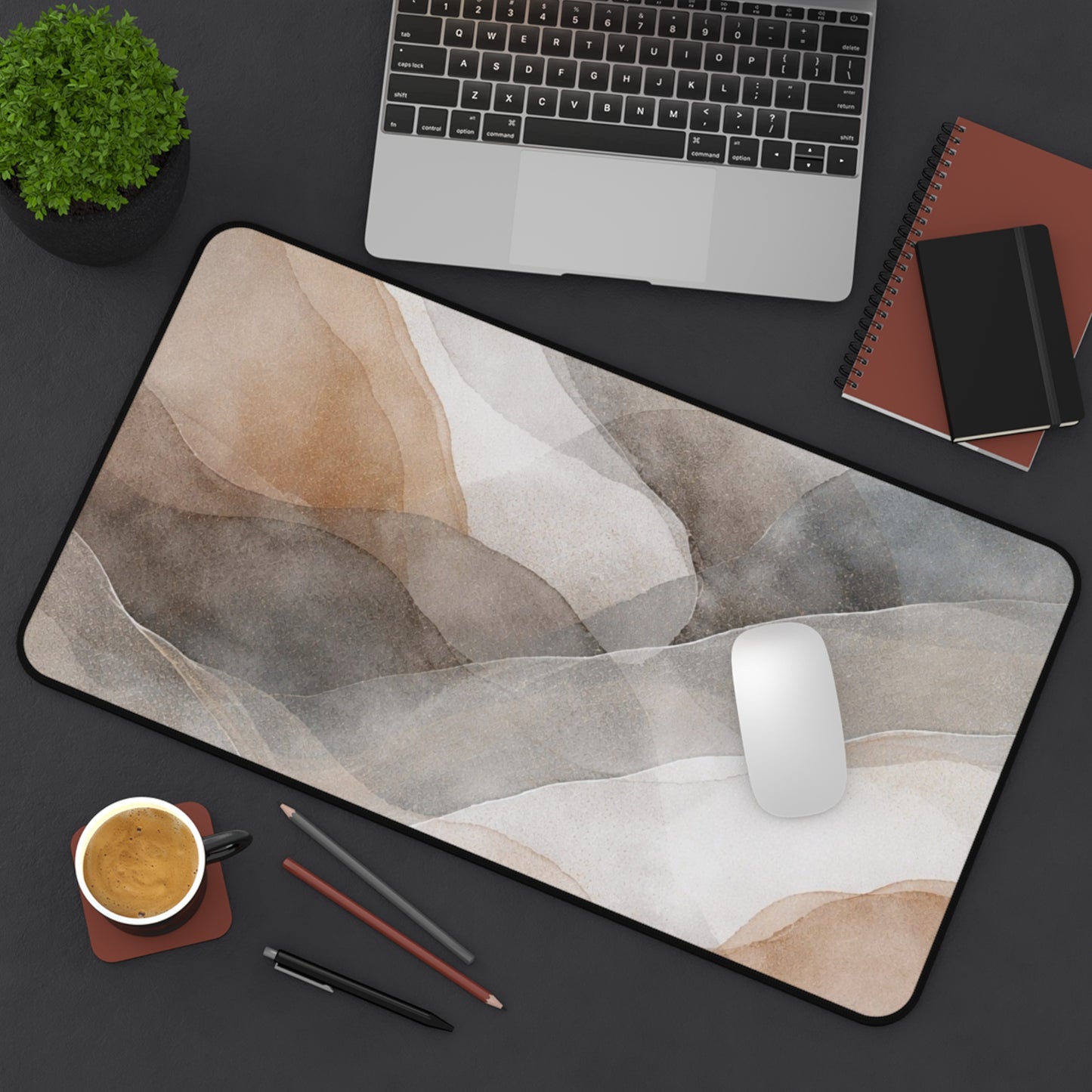 Neutral Watercolor Waves Desk Mat | Abstract Beige Gray Mouse Pad