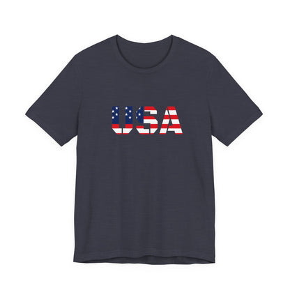 USA flag text T-shirt by Printify featuring patriotic red, white, and blue design for Fourth of July celebrations.