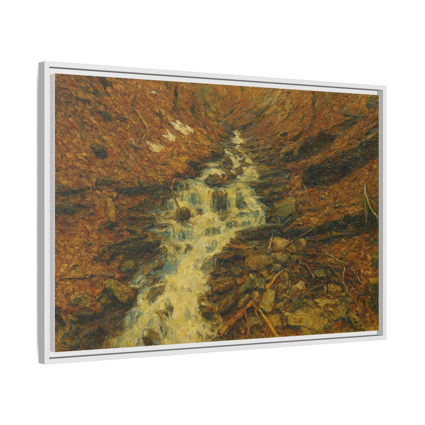 Framed matte canvas print of autumn stream landscape artwork by Printify, showcasing vibrant fall colors and serene nature scene.