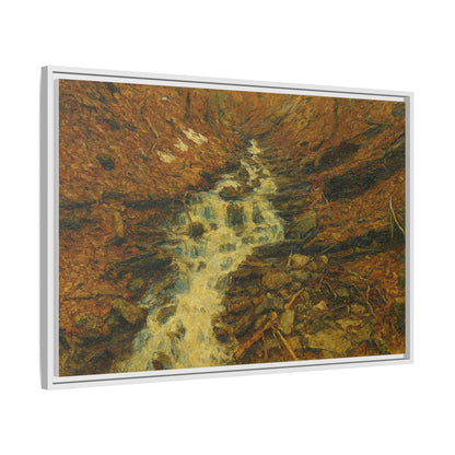 Framed matte canvas print of autumn stream landscape artwork by Printify, showcasing vibrant fall colors and serene nature scene.