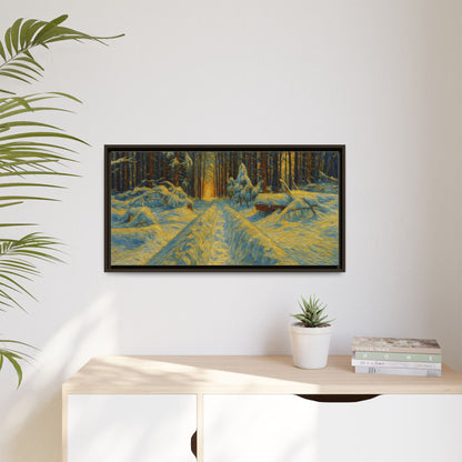 Framed matte canvas print of a snowy forest path at sunset, wall art by Printify showcasing winter landscape and nature scenery.