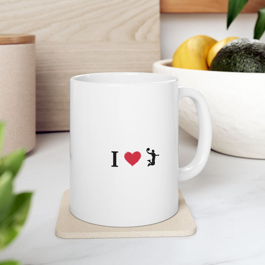 Printify ceramic mug with a smooth white finish, featuring a classic mug shape and a sturdy handle.