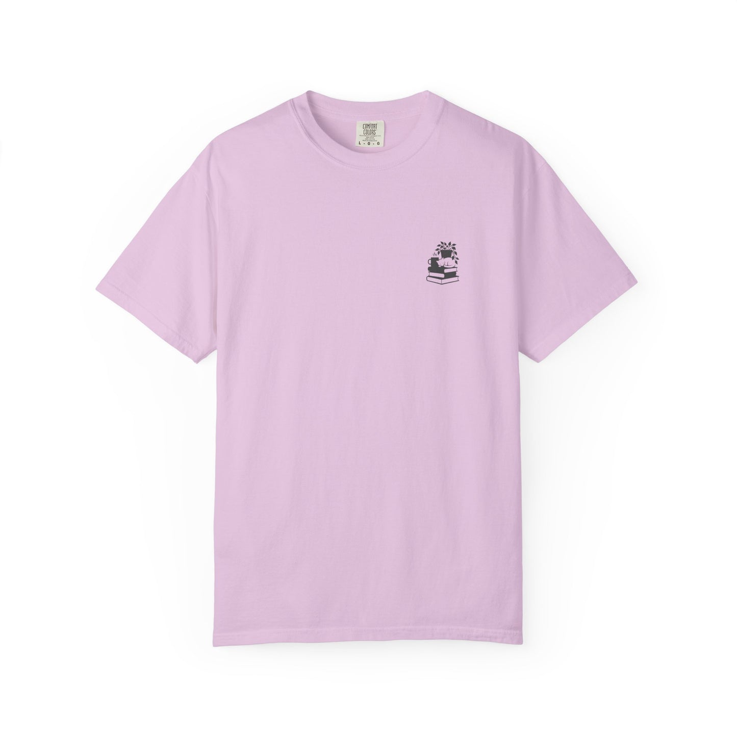Cozy Cat on Books T-Shirt | Reading Tea Stack Illustration