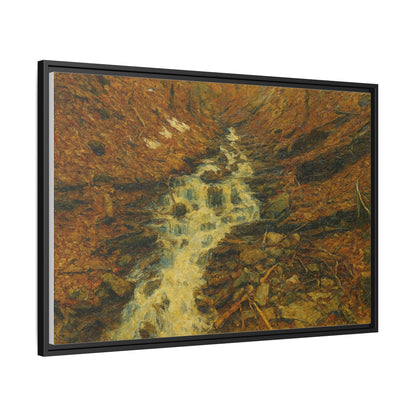 Framed matte canvas print of autumn stream landscape artwork by Printify, showcasing vibrant fall trees and flowing water scene.