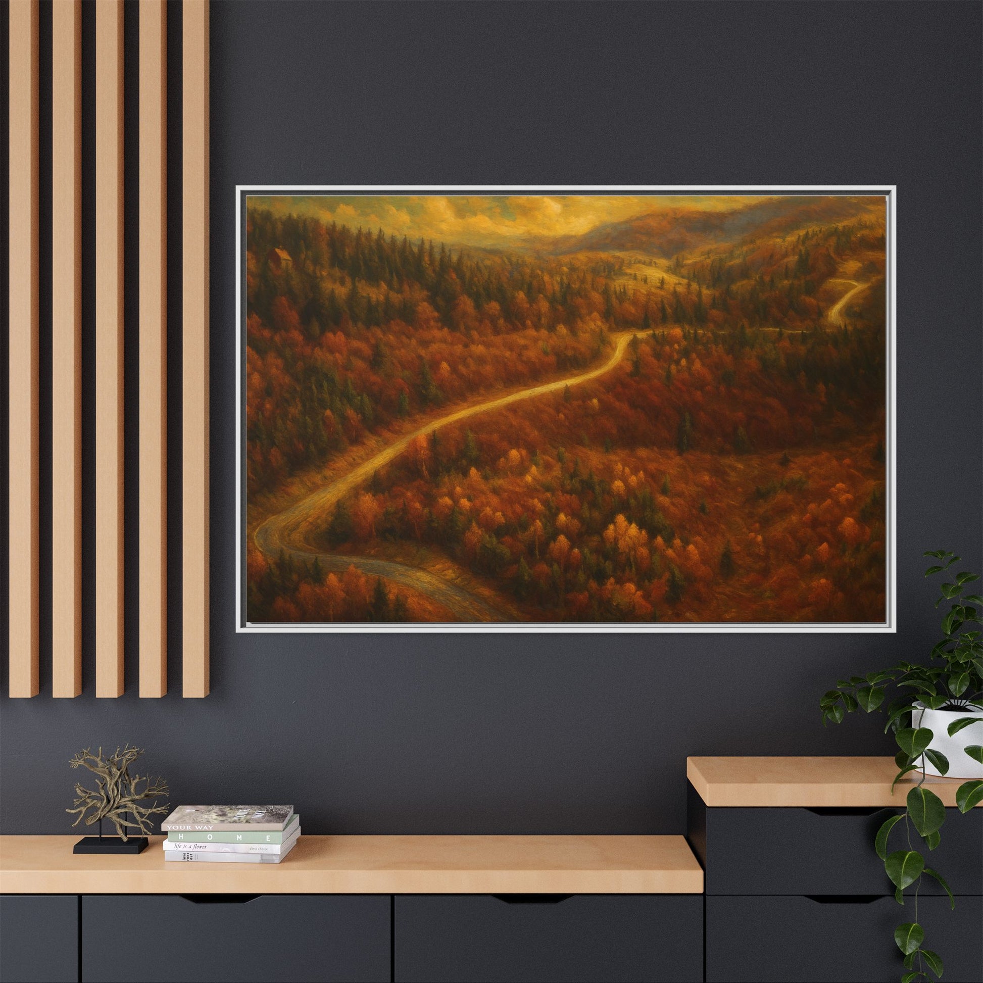 Framed matte canvas print of autumn forest road landscape wall art by Printify, showcasing vibrant fall colors and detailed scenery.