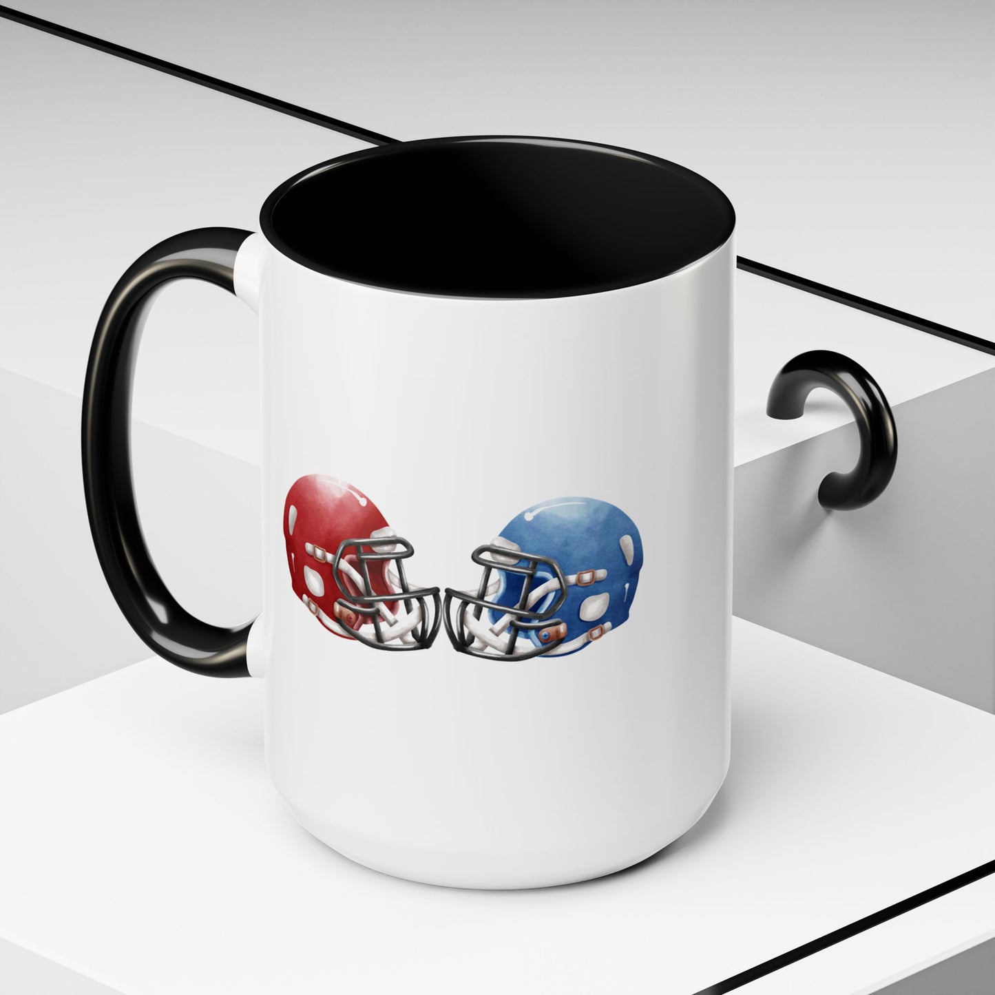 Football Helmet Coffee Mug — Red vs Blue Rivalry Accent Mug (11/15oz)