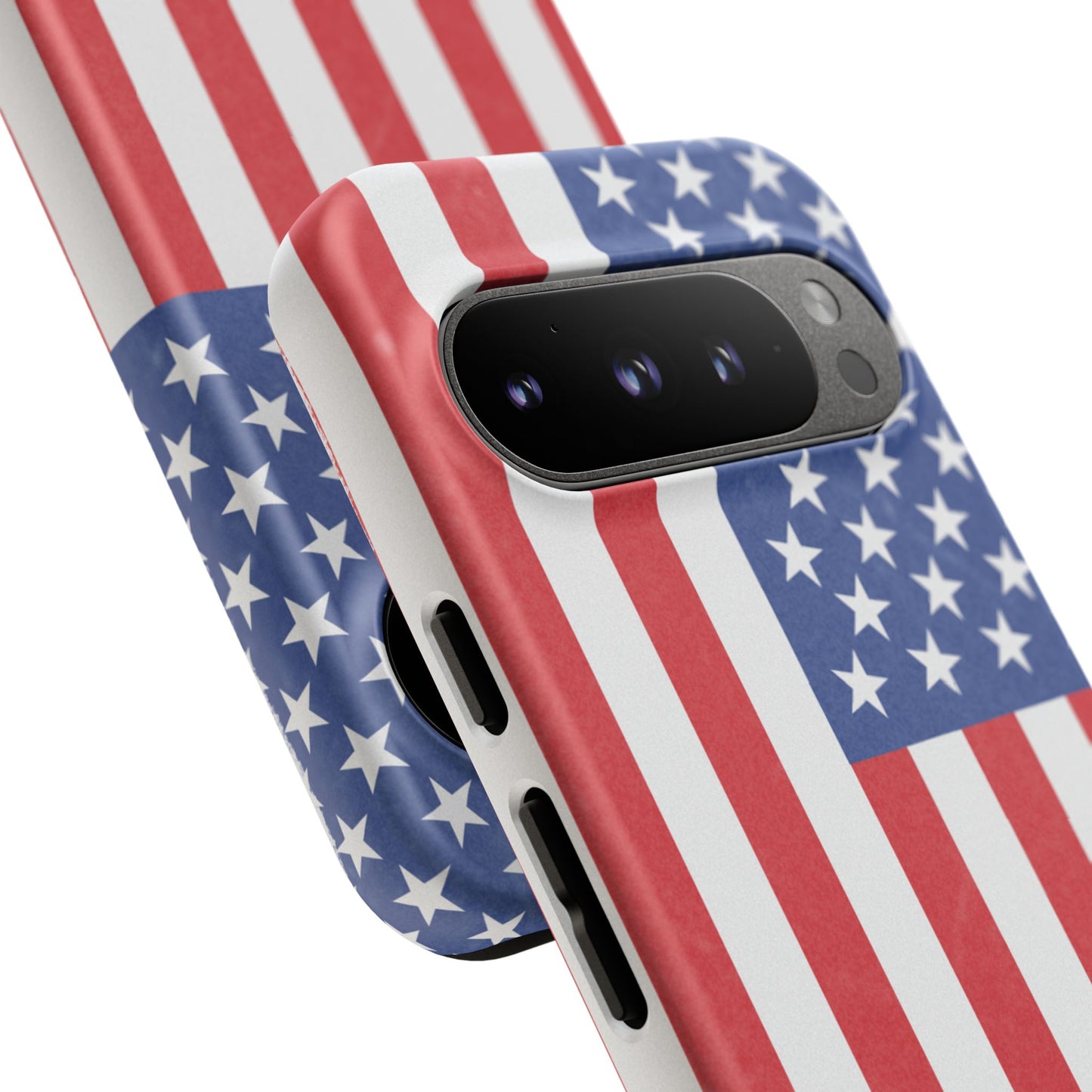 Durable American flag phone case for iPhone with patriotic design, made by Printify, featuring bold red, white, and blue flag details.