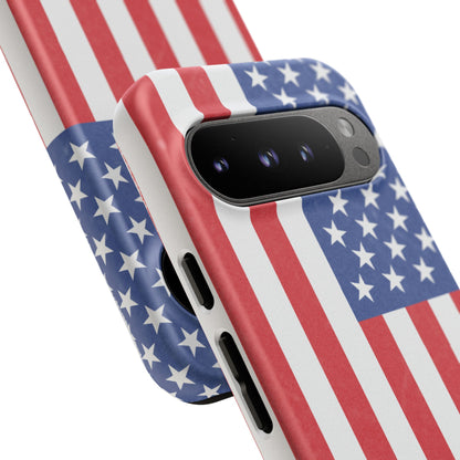 Durable American flag phone case for iPhone with patriotic design, made by Printify, featuring bold red, white, and blue flag details.
