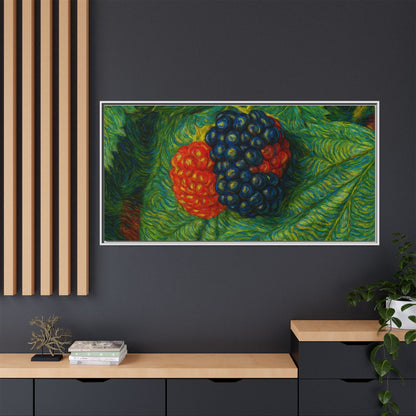 Blackberry still life framed canvas print by Printify, featuring detailed blackberries in a realistic art style.