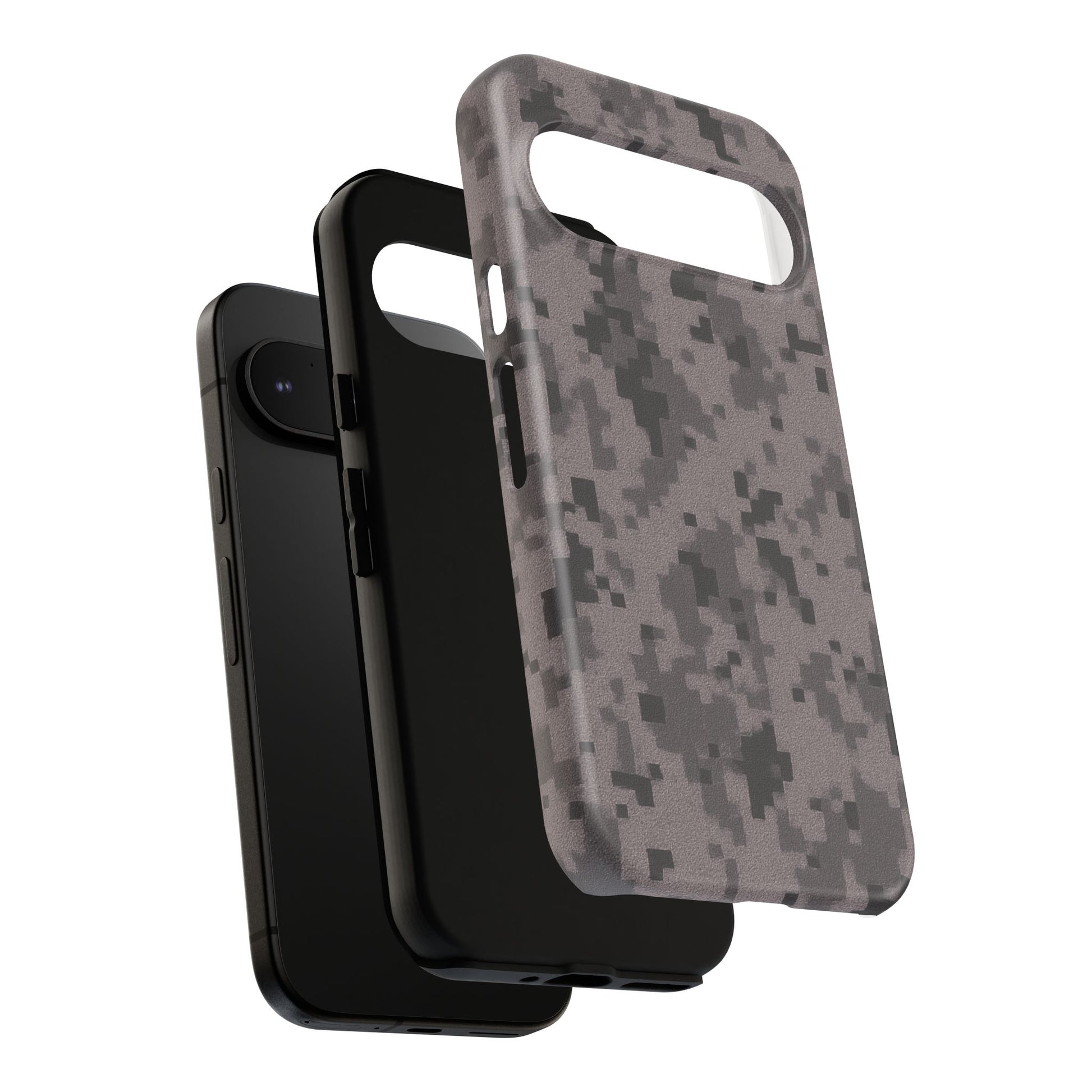 Gray digital camouflage phone case by Printify, tough protective cover designed for smartphones with a rugged camo pattern.
