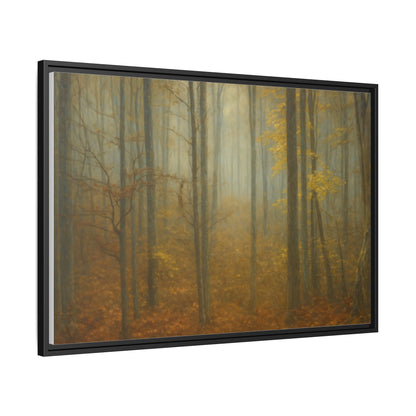 Framed matte canvas wall art of a misty autumn forest featuring trees and fall colors, by Printify.