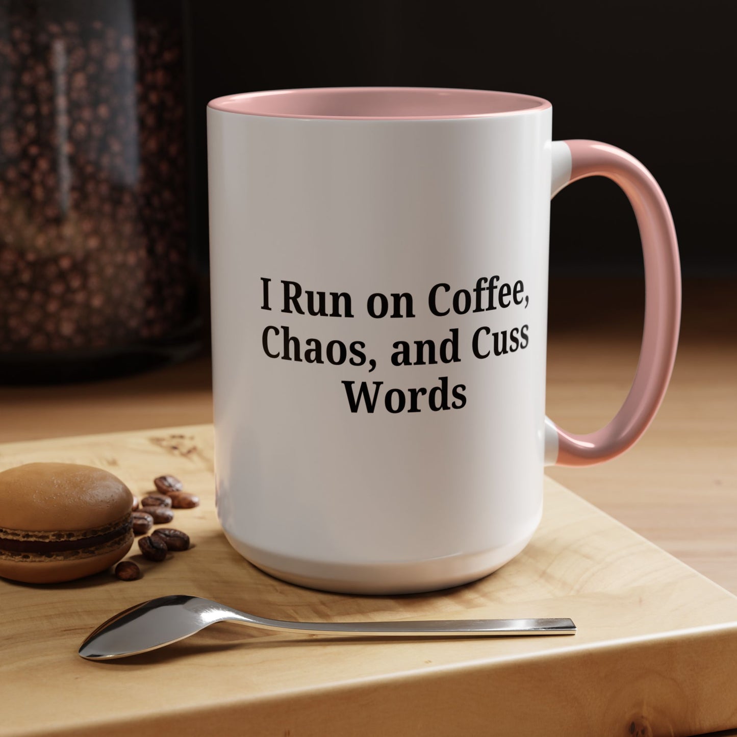 Funny Black Accent Coffee Mug - "I Run on Coffee, Chaos, and Cuss Words" - Ideal Gift for Coffee Lovers - TRV