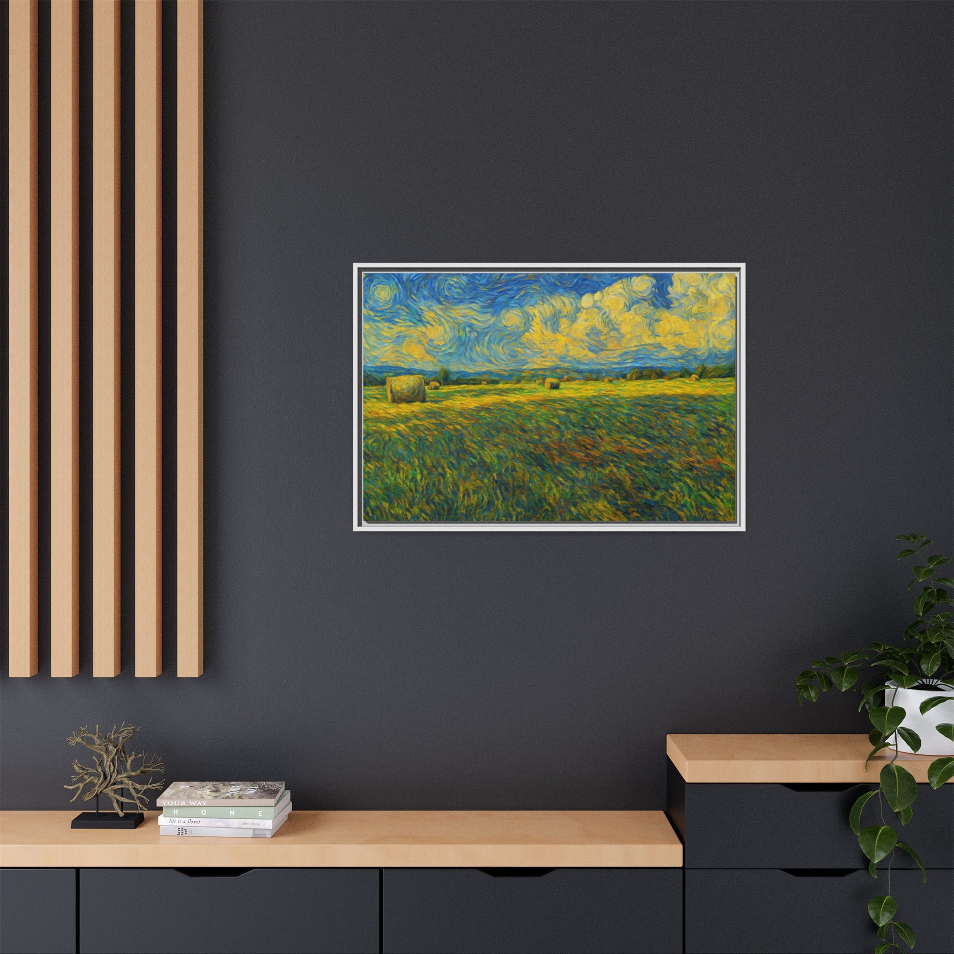 Framed landscape matte canvas print with vibrant multi-color design by Printify, showcasing a scenic artistic wall decor piece.