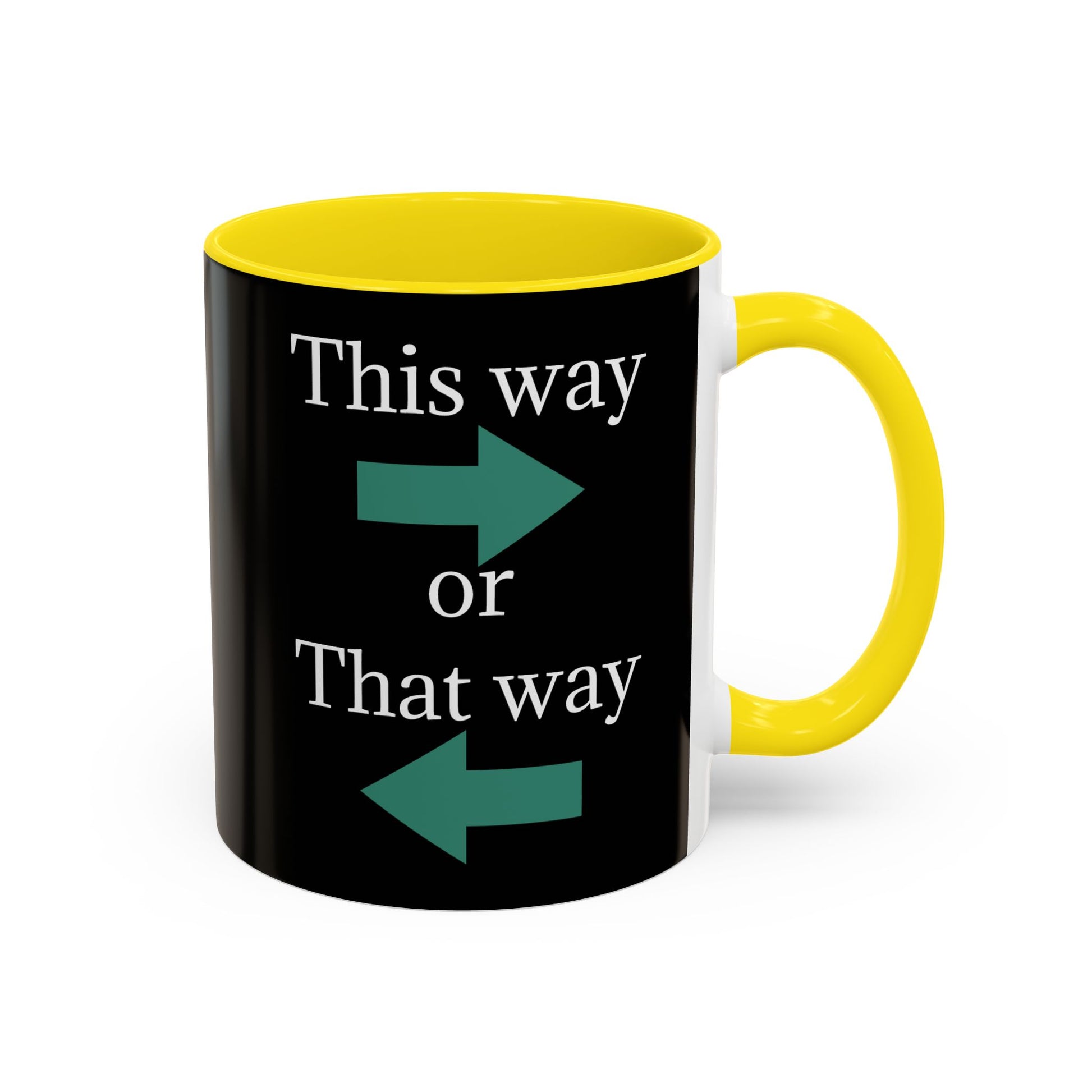Ceramic coffee mug with "This Way or That Way" arrow design in 11oz or 15oz size, featuring a white background and colorful arrows.