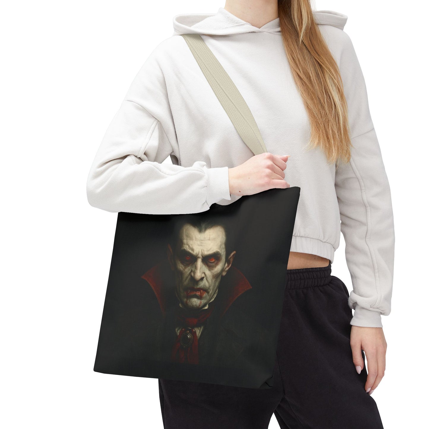 Black vampire tote bag with gothic spooky design, featuring a vampire illustration, perfect for Halloween accessories.