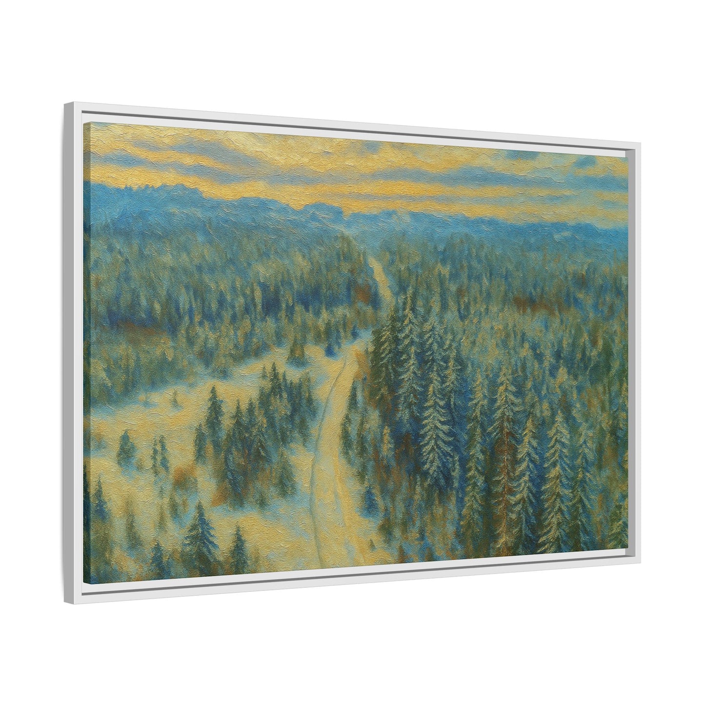 Framed matte canvas print of a serene winter forest landscape by Printify, featuring snow-covered trees and peaceful scenery.