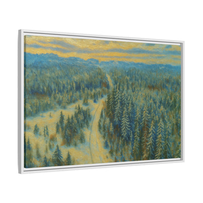 Framed matte canvas print of a serene winter forest landscape by Printify, featuring snow-covered trees and peaceful scenery.