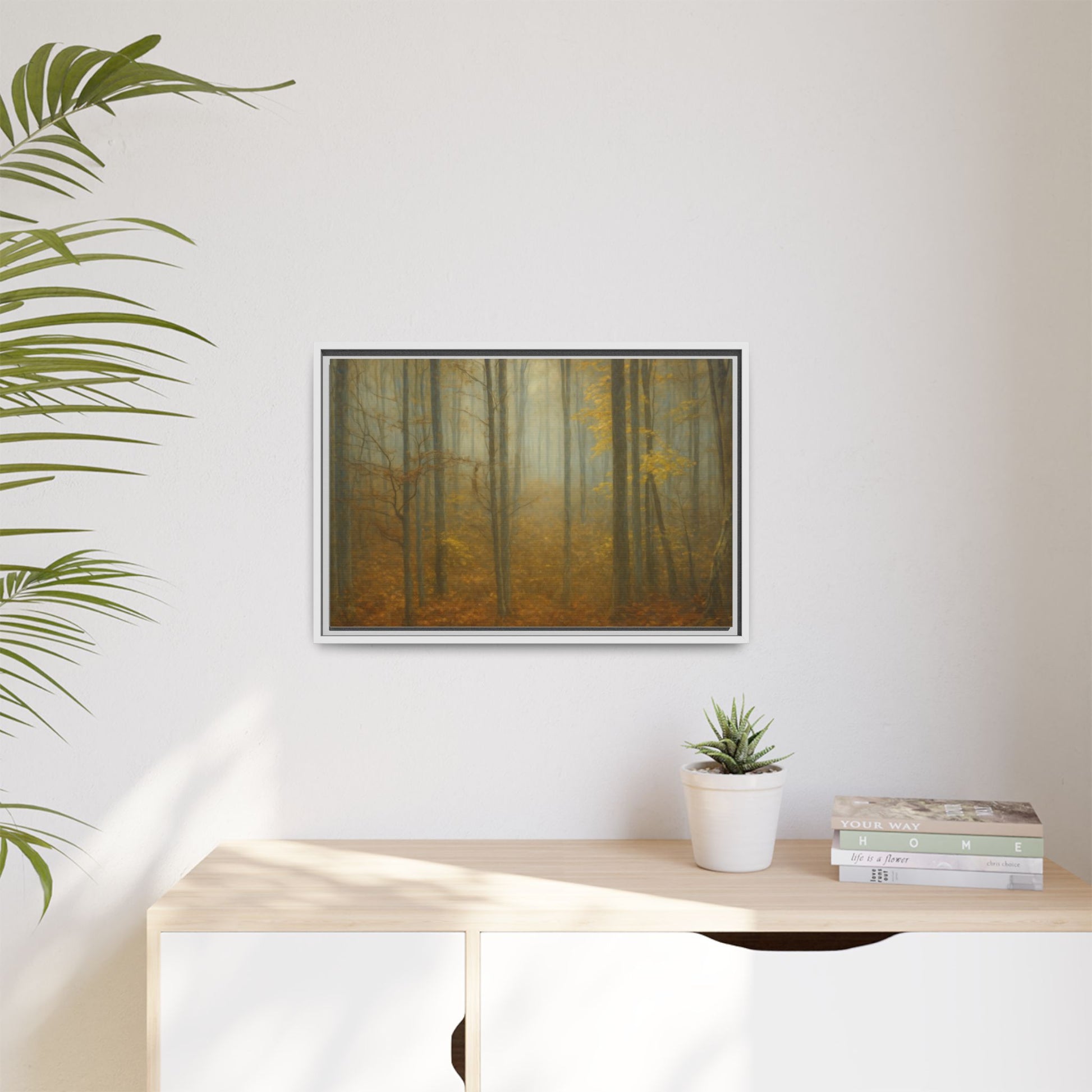 Framed matte canvas wall art of a misty autumn forest scene, featuring vibrant fall colors and detailed landscape artwork.