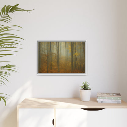 Framed matte canvas wall art of a misty autumn forest scene, featuring vibrant fall colors and detailed landscape artwork.