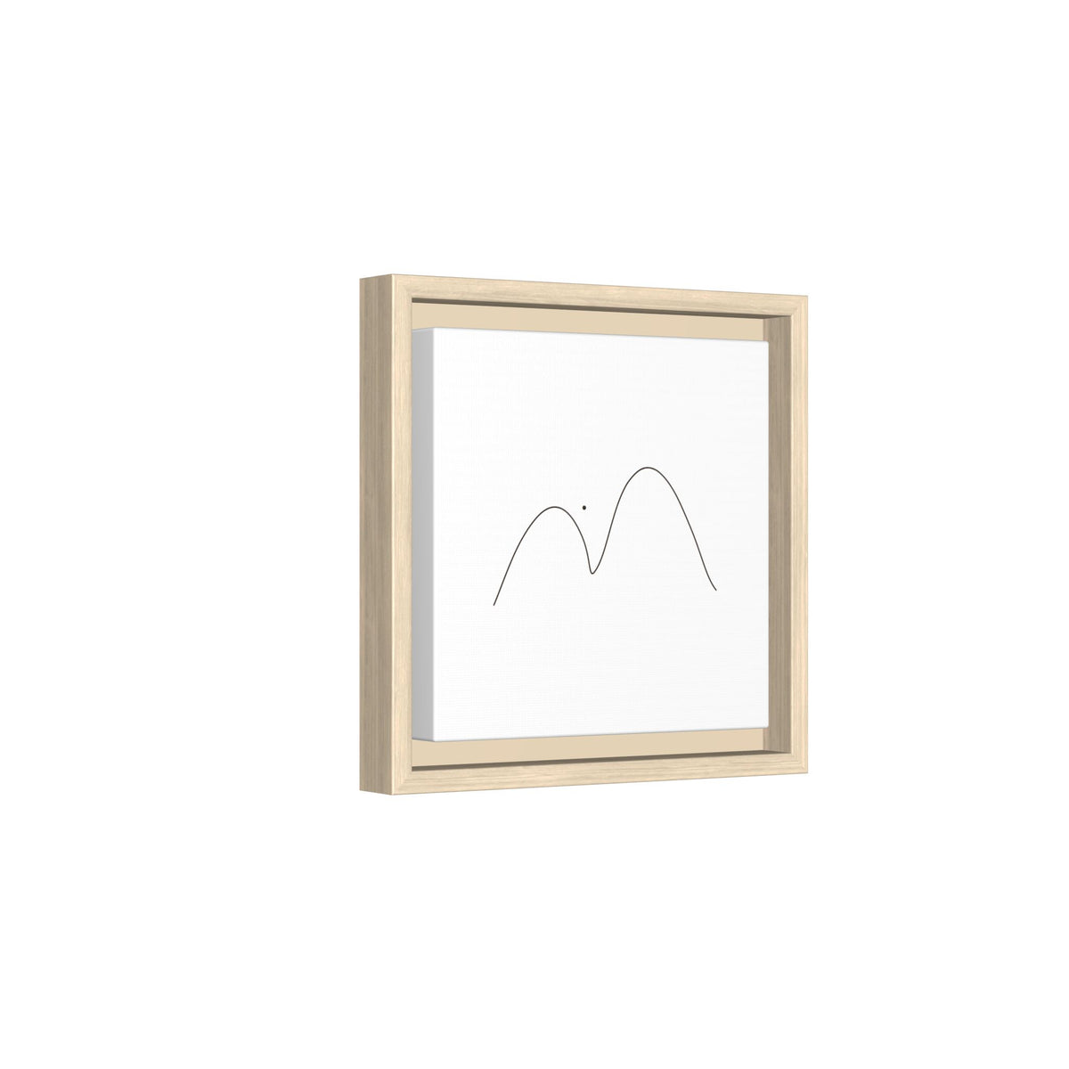 Minimalist mountain line art on framed matte canvas by Printify, showcasing a simple mountain outline in black ink.