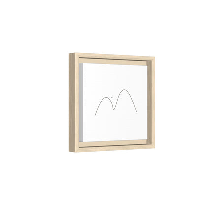 Minimalist mountain line art on framed matte canvas by Printify, showcasing a simple mountain outline in black ink.