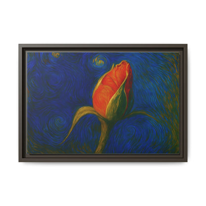 Red rose bud painting on framed canvas wall art by Printify, showcasing vibrant red roses in matte floral artwork.