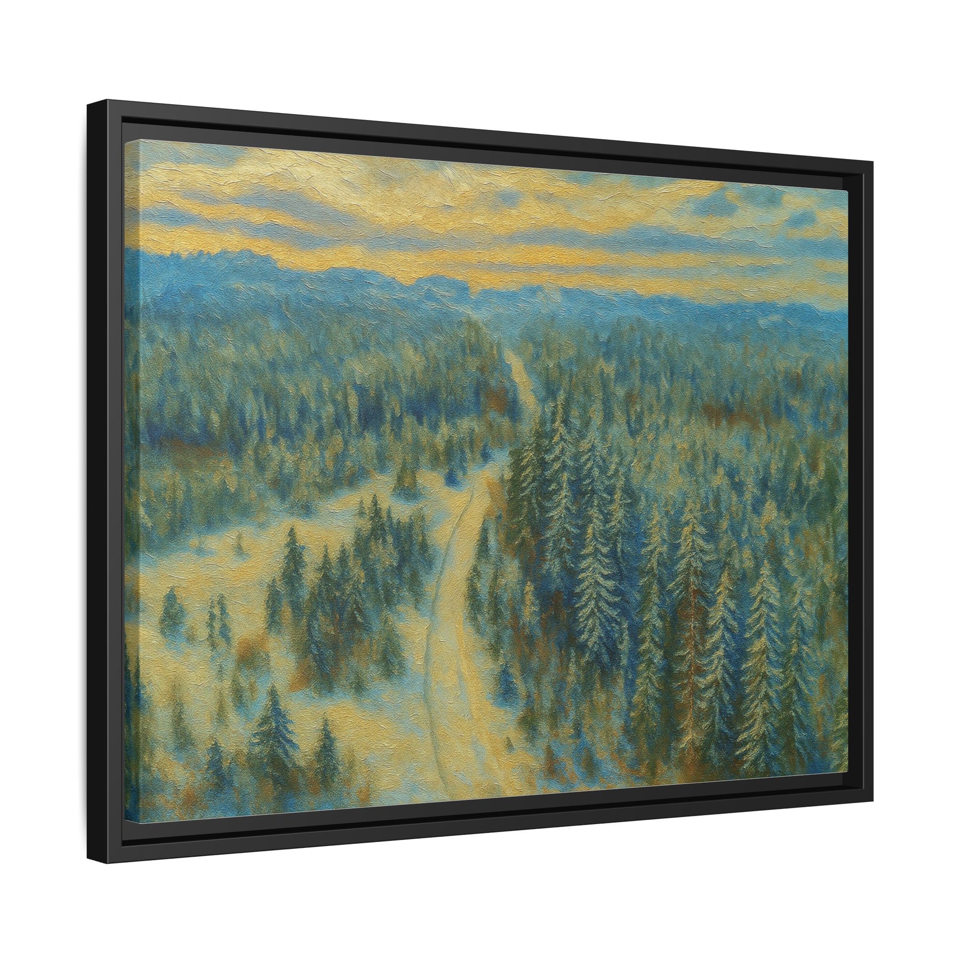 Framed matte canvas print of a serene winter forest landscape by Printify, showcasing snowy trees and peaceful winter scenery.