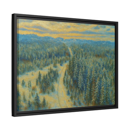 Framed matte canvas print of a serene winter forest landscape by Printify, showcasing snowy trees and peaceful winter scenery.