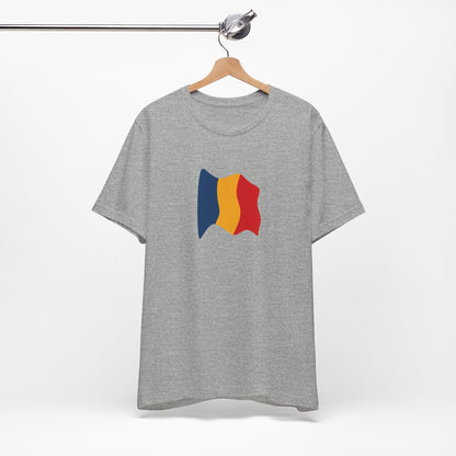 Romania flag T-shirt by Printify featuring a minimal waving tricolor design on a casual tee.