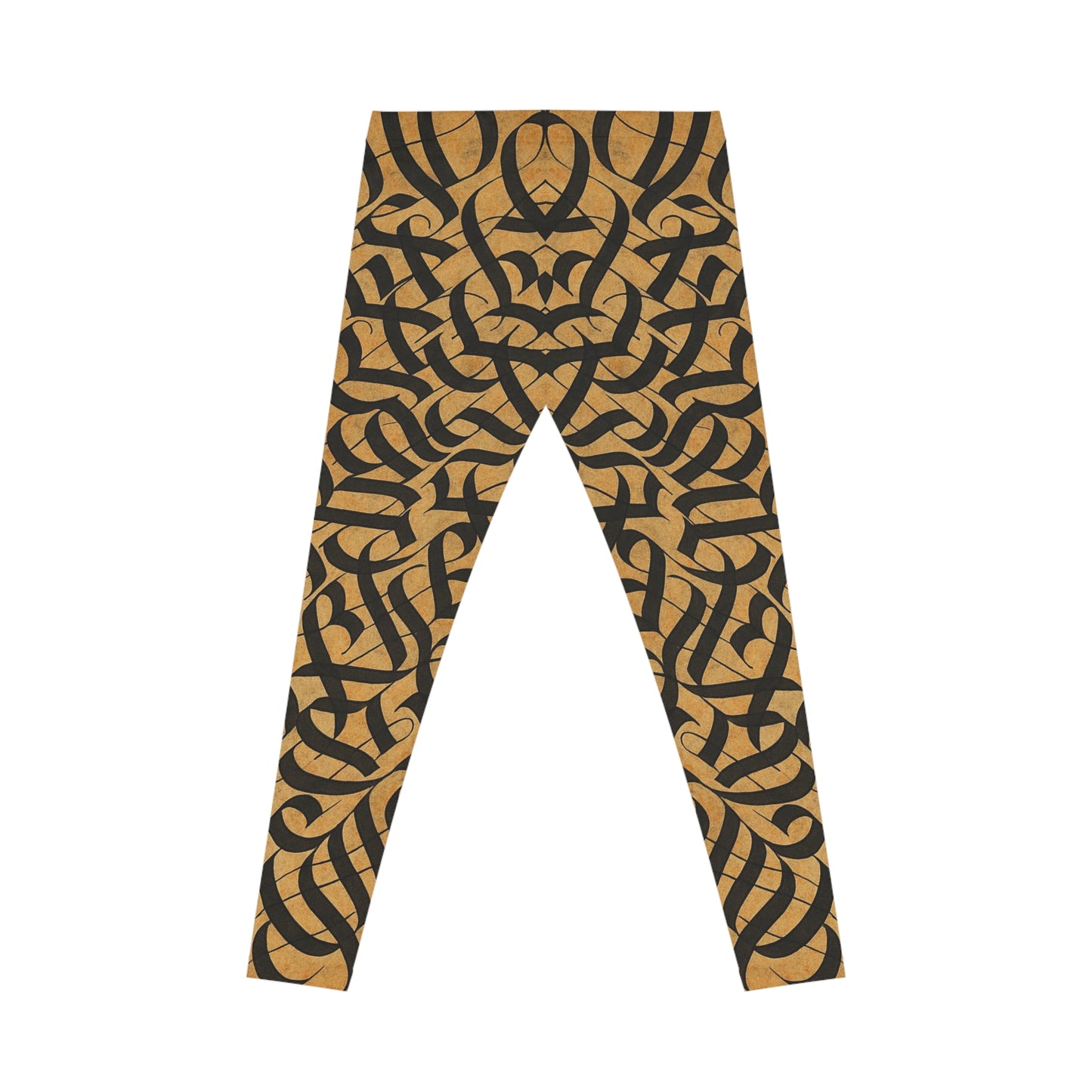 Black and gold tribal knotwork print women's leggings with all-over tribal design from Printify.