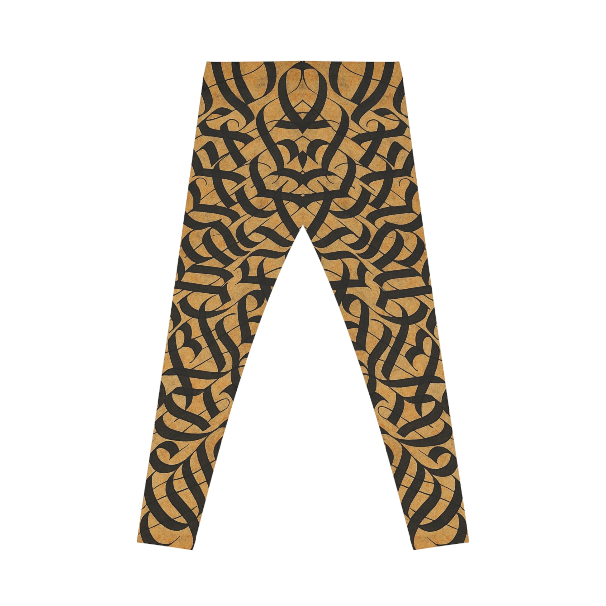 Black and gold tribal knotwork print women's leggings with all-over tribal design from Printify.