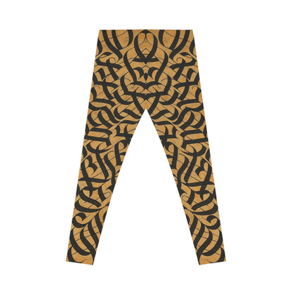 Black and gold tribal knotwork print women's leggings with all-over tribal design from Printify.