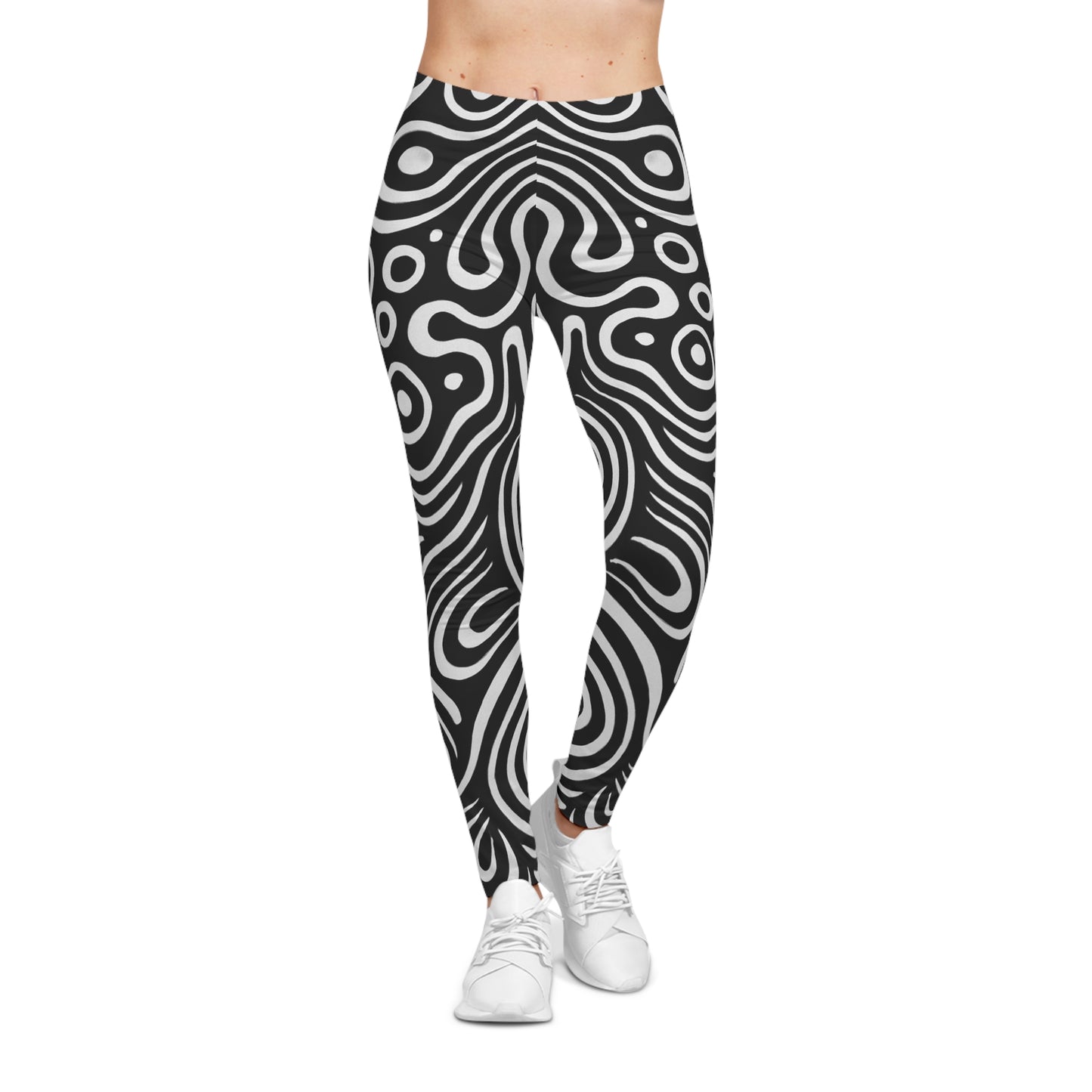 Black and white swirl pattern leggings with retro psychedelic all-over print by Printify, showcasing bold, vibrant design on stretchy fabric.