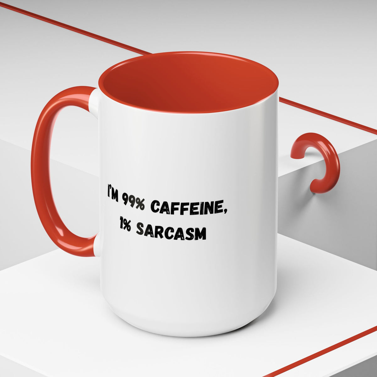 Ceramic coffee mug with "I'm 99% Caffeine, 1% Sarcasm" print, featuring a white background and black text design.