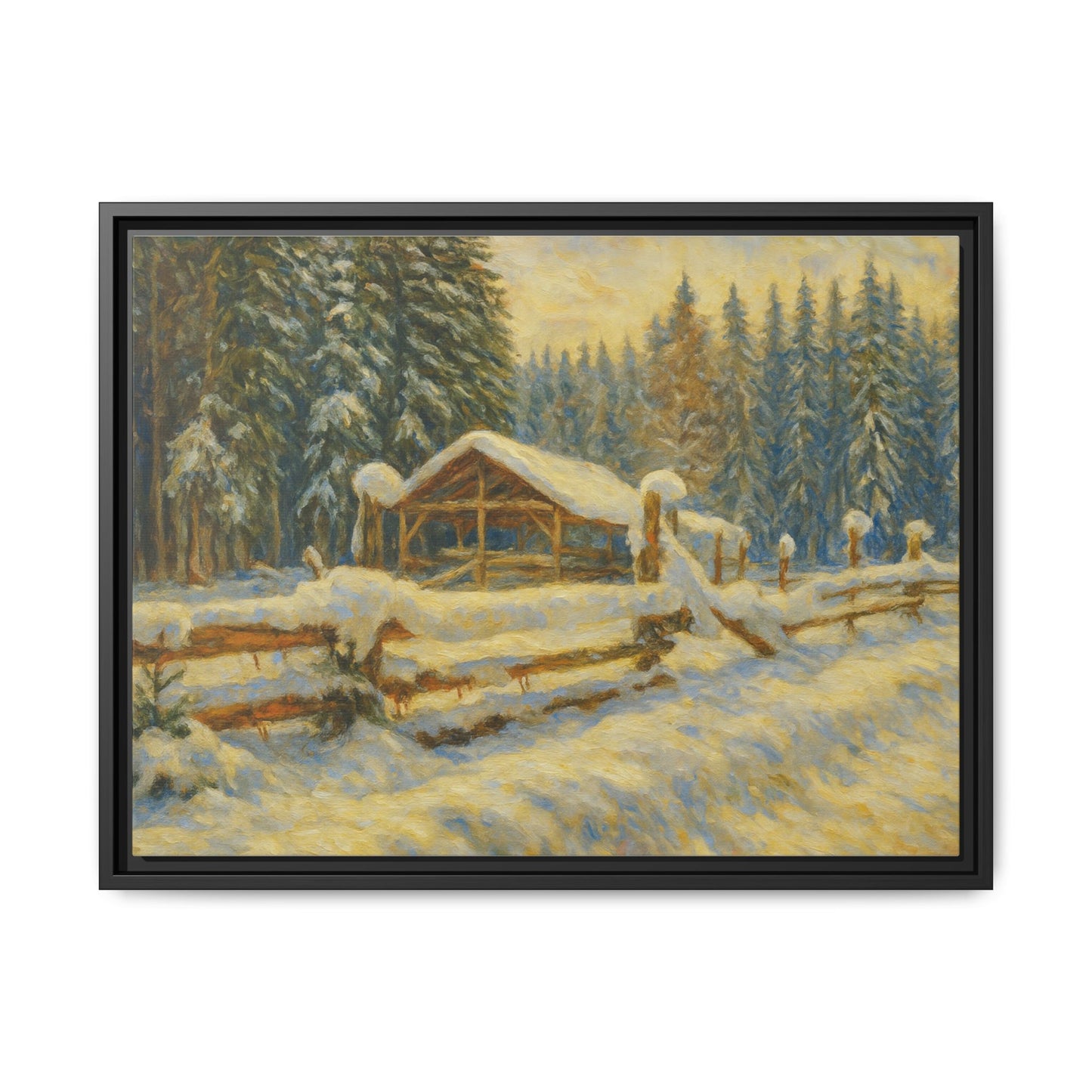 Snowy cabin winter landscape canvas wall art by Printify featuring a cozy cabin in a snowy forest scene.