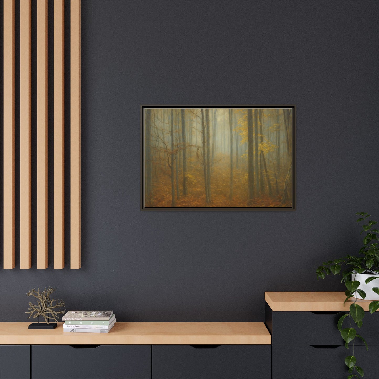 Framed matte canvas wall art of a misty autumn forest, featuring vibrant fall colors and detailed tree imagery.