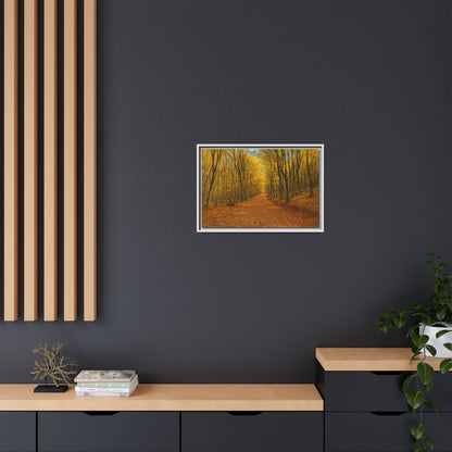 Autumn forest path matte canvas wall art with framed print, showcasing vibrant fall trees and scenic nature landscape.