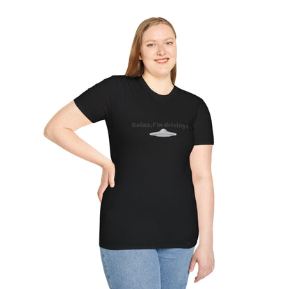 White UFO T-Shirt with funny alien graphic and sci-fi spaceship design, perfect for a playful extraterrestrial look.