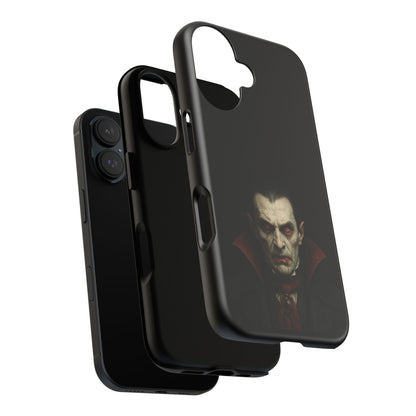 Gothic vampire portrait phone case for iPhone featuring a Dracula horror design by Printify on a black background.