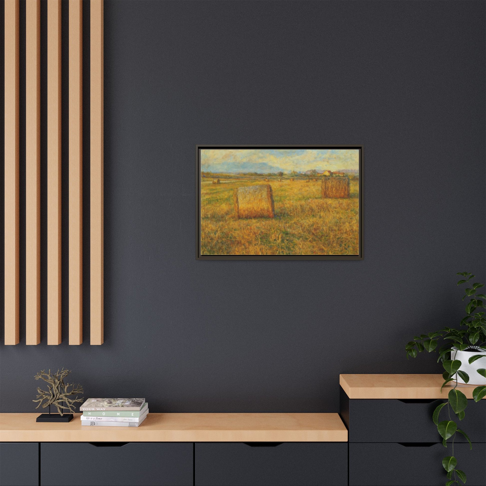 Framed rustic hayfield landscape canvas wall art by Printify, showcasing a serene countryside scene with a matte finish.