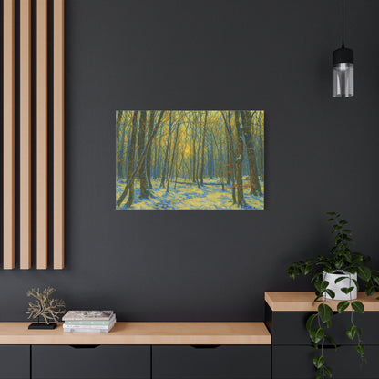 Winter woodland forest sunlight canvas print on matte stretched canvas by Printify, showcasing a serene winter landscape.