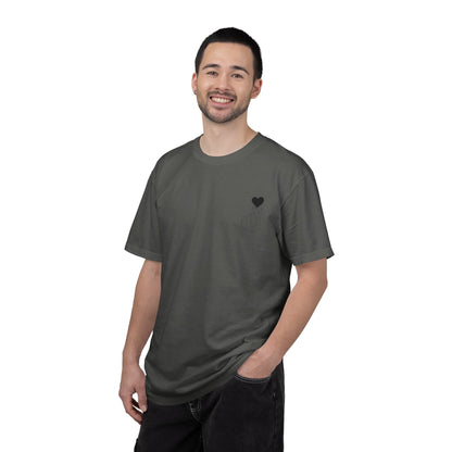 Black T-shirt with minimalist white finger heart graphic from Printify, casual clothing for everyday wear.