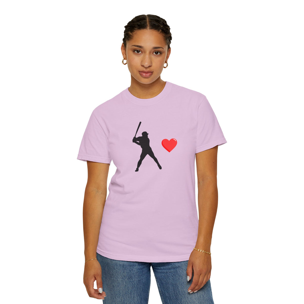 Printify baseball batter heart T-shirt showing a graphic of a batter with a heart design on a casual T-shirt.