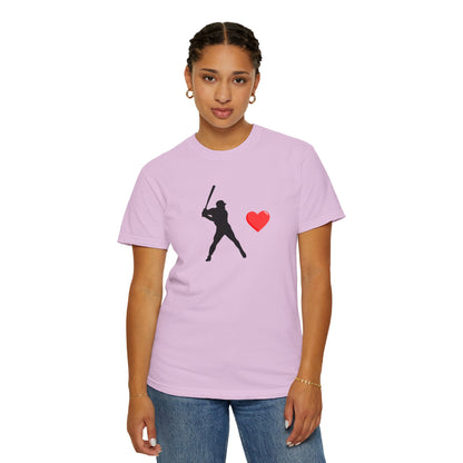 Printify baseball batter heart T-shirt showing a graphic of a batter with a heart design on a casual T-shirt.