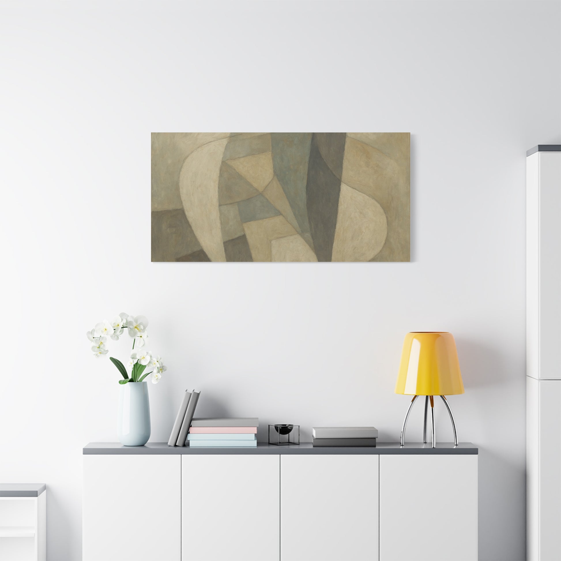 Abstract neutral geometric shapes printed on matte canvas, featuring modern design and muted tones, by Printify.