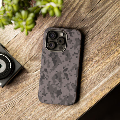 Gray digital camouflage phone case by Printify, showing a tough protective cover with a digital camo pattern for smartphones.